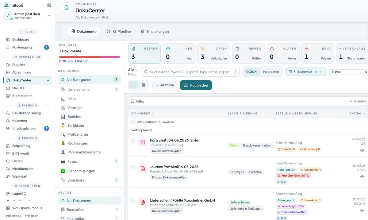 Sitepit in the browser: the document centre with delivery notes, photos and minutes being linked to a project.